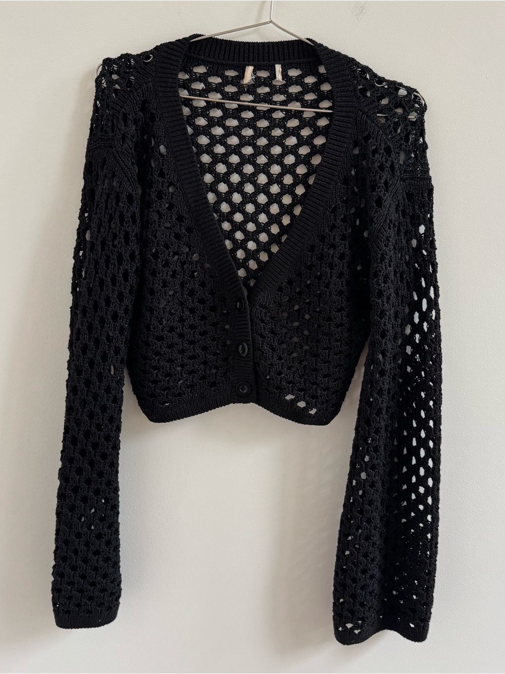 Black Open-Knit V-Neck Cropped Cardigan